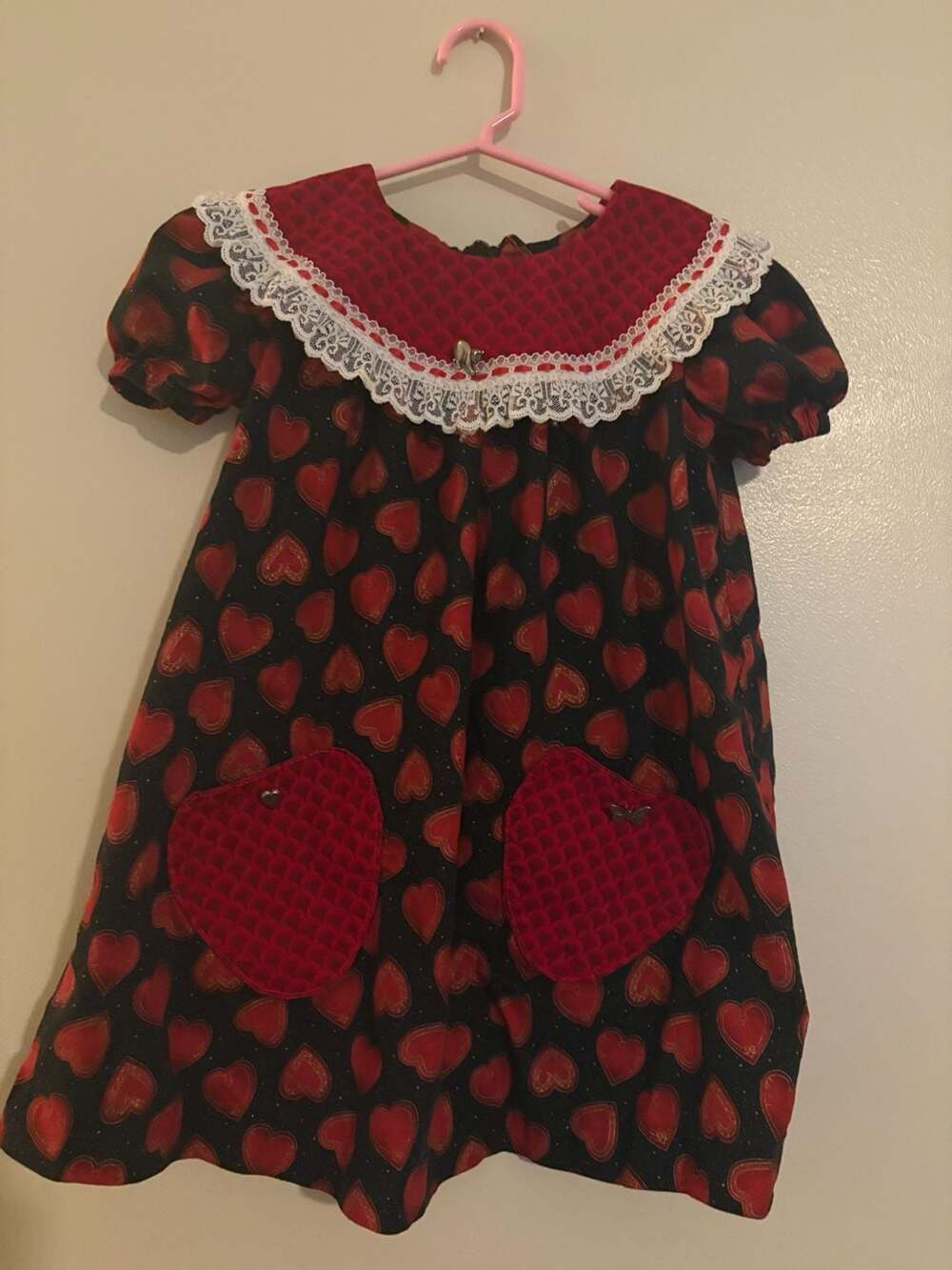 Vintage Handmade Girls Valentine's Day Heart Print Lace Collar Dress